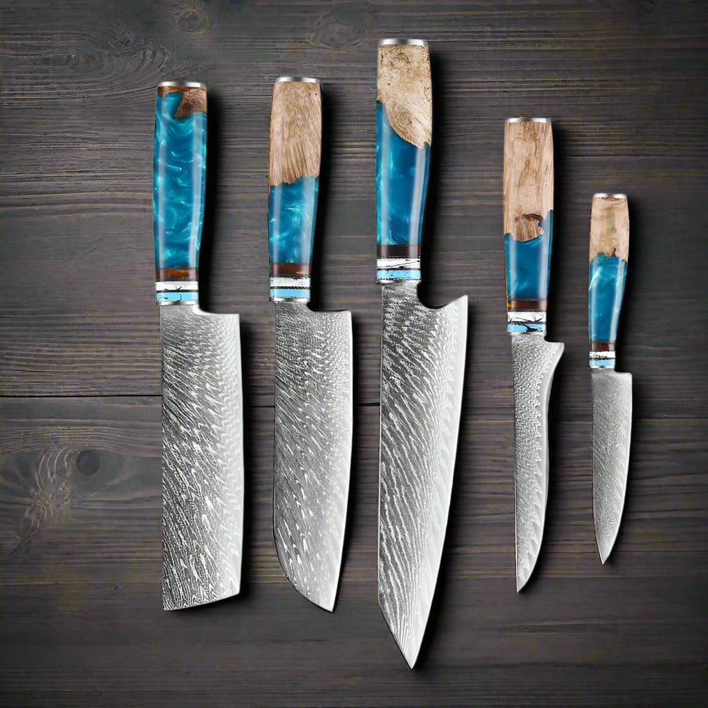 Kuro Forge Blue and Wood Resin Handled 1-5 Piece Set