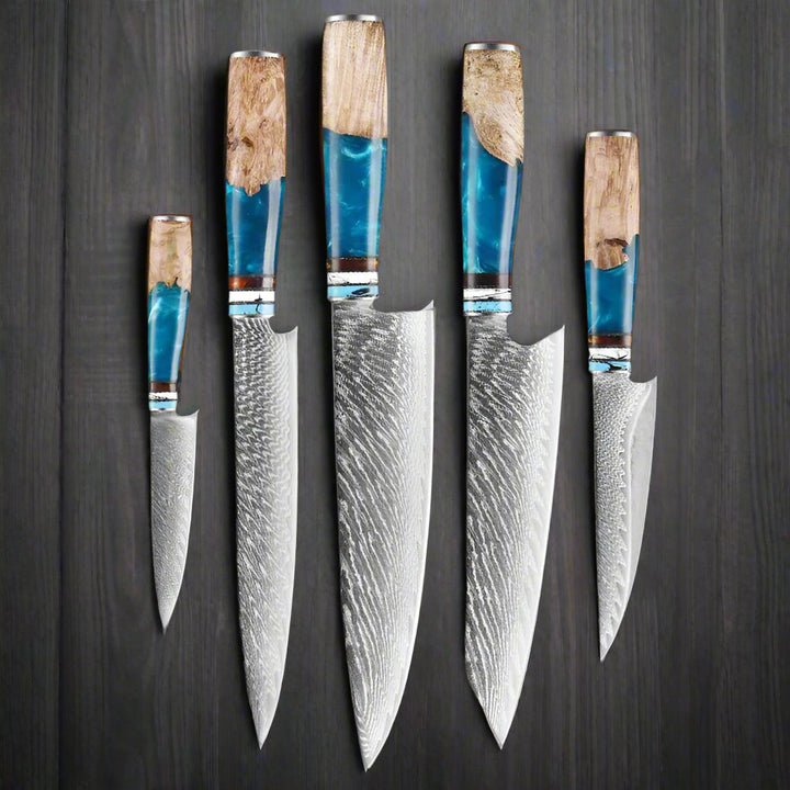 Kuro Forge Blue and Wood Resin Handled 1-5 Piece Set